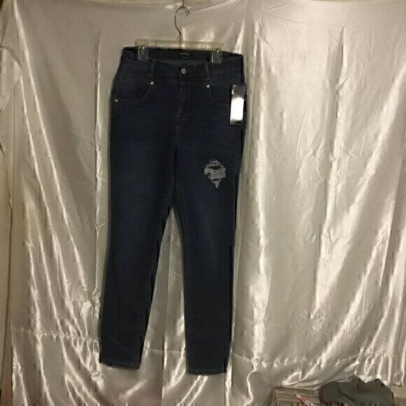 Bebe Destroyed Distressed Rhinestone Dark Wash Blue Skinny Jeans 30 - Picture 1 of 8